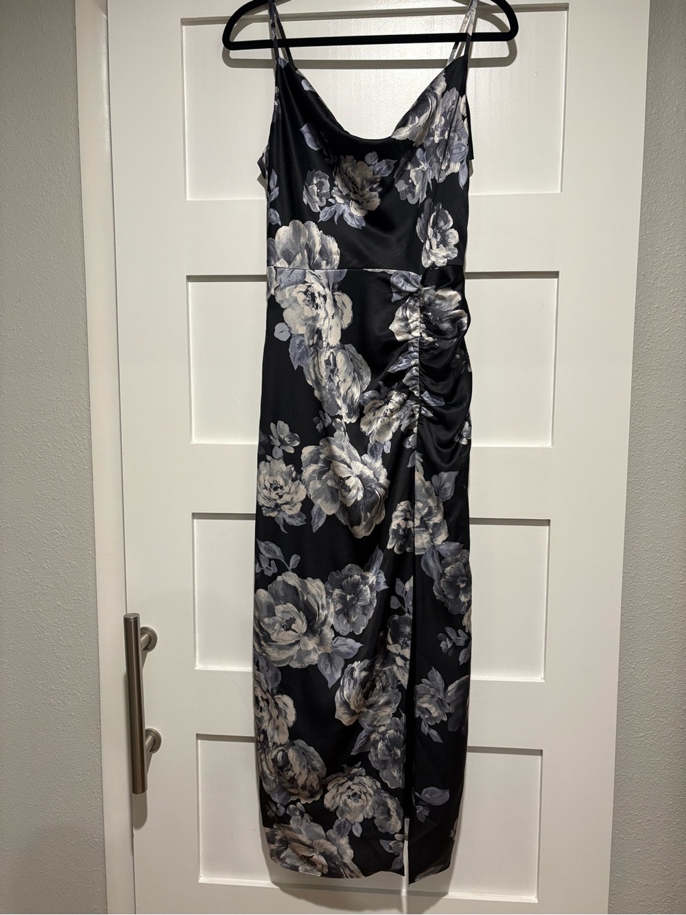Milly Black Floral Ruched Slip Midi Dress